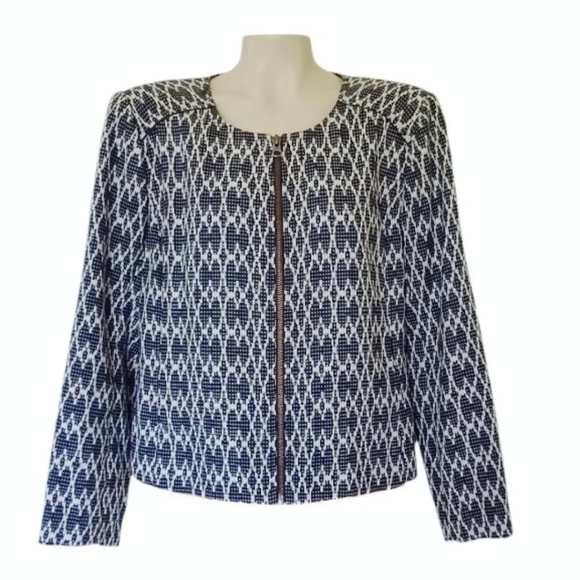 J. Crew Cropped Navy and White Jaquard Zipper Jacket Moto Style Work Office - Picture 1 of 6